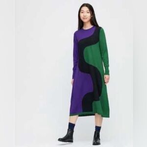 Marimekko Wool Blend Sweater Dress Green Purple Black Swirls Size XXS